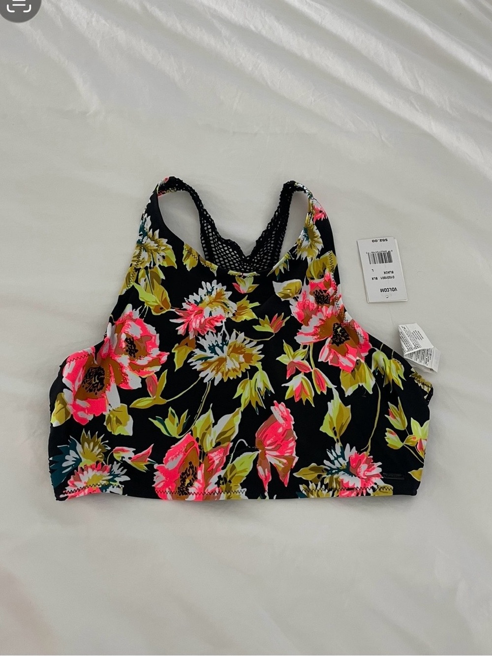 Volcom Black High-Neck Floral Sports Bra with Pink & Green Accents